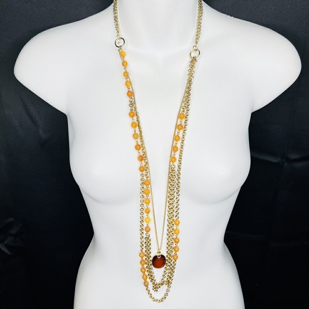 Long Multi Strand Layered Gold Tone wine Red Cabochon Necklace Amber Beads 4181